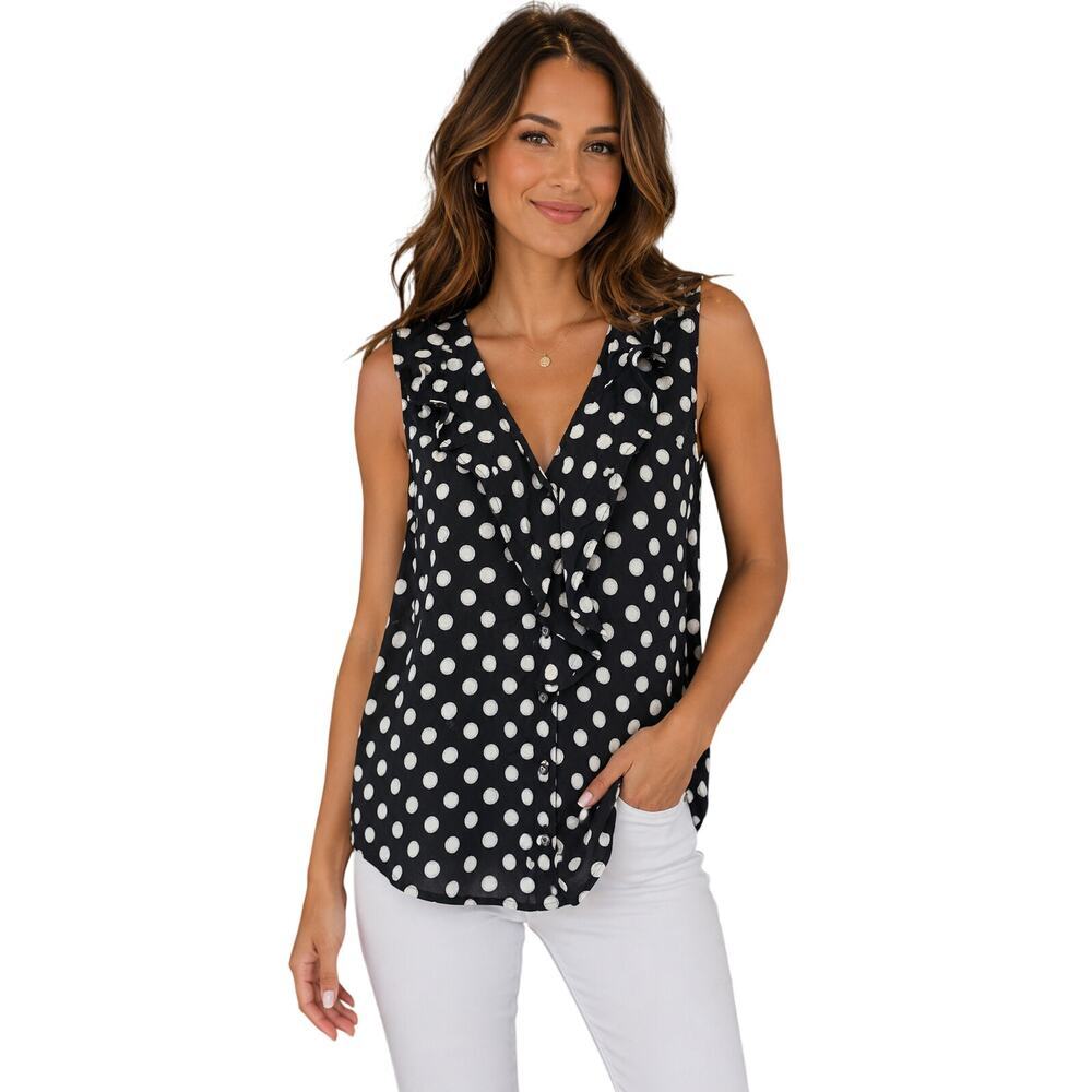 Maeve sz 2 black white polka dot button front frill detail career office teacher
